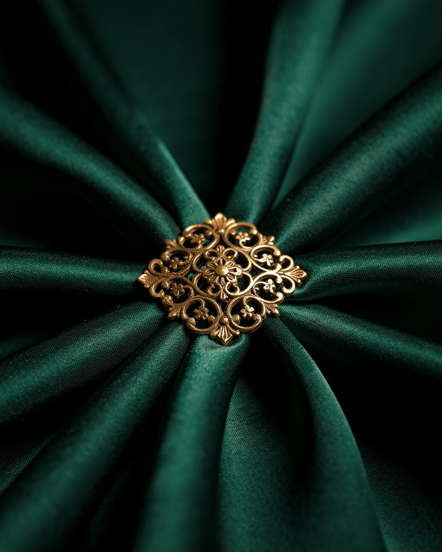Close-up editorial detail of luxurious fabric folds and gold jewelry