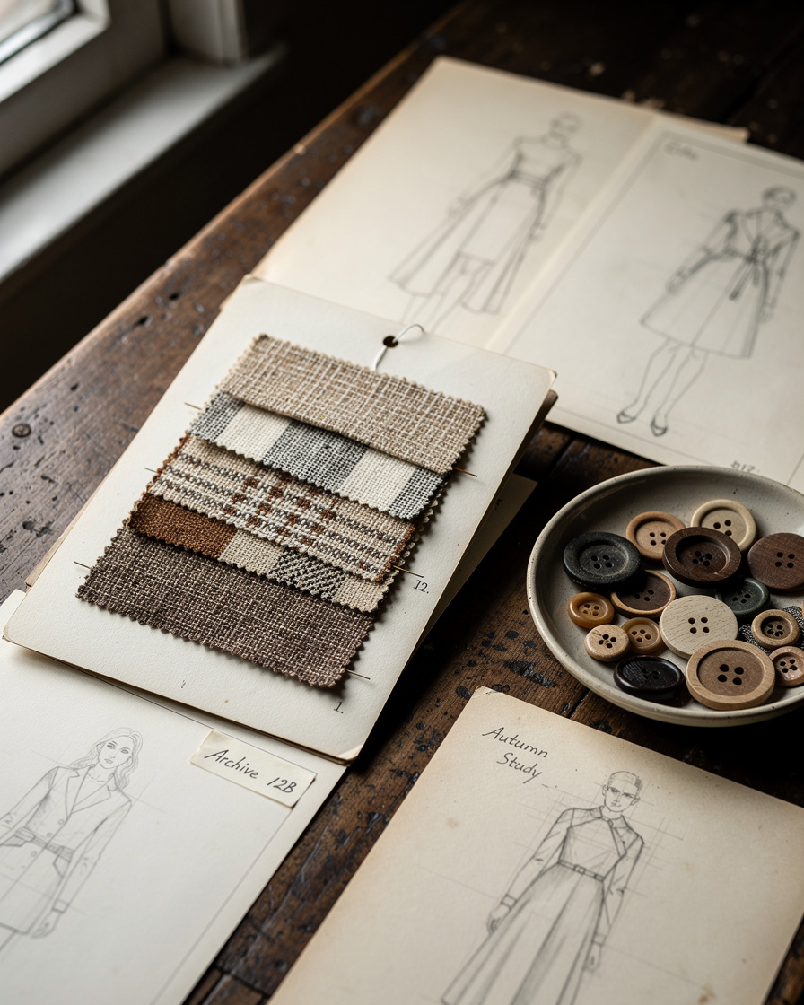 Close-up of archived textile swatches and fashion sketches on a table