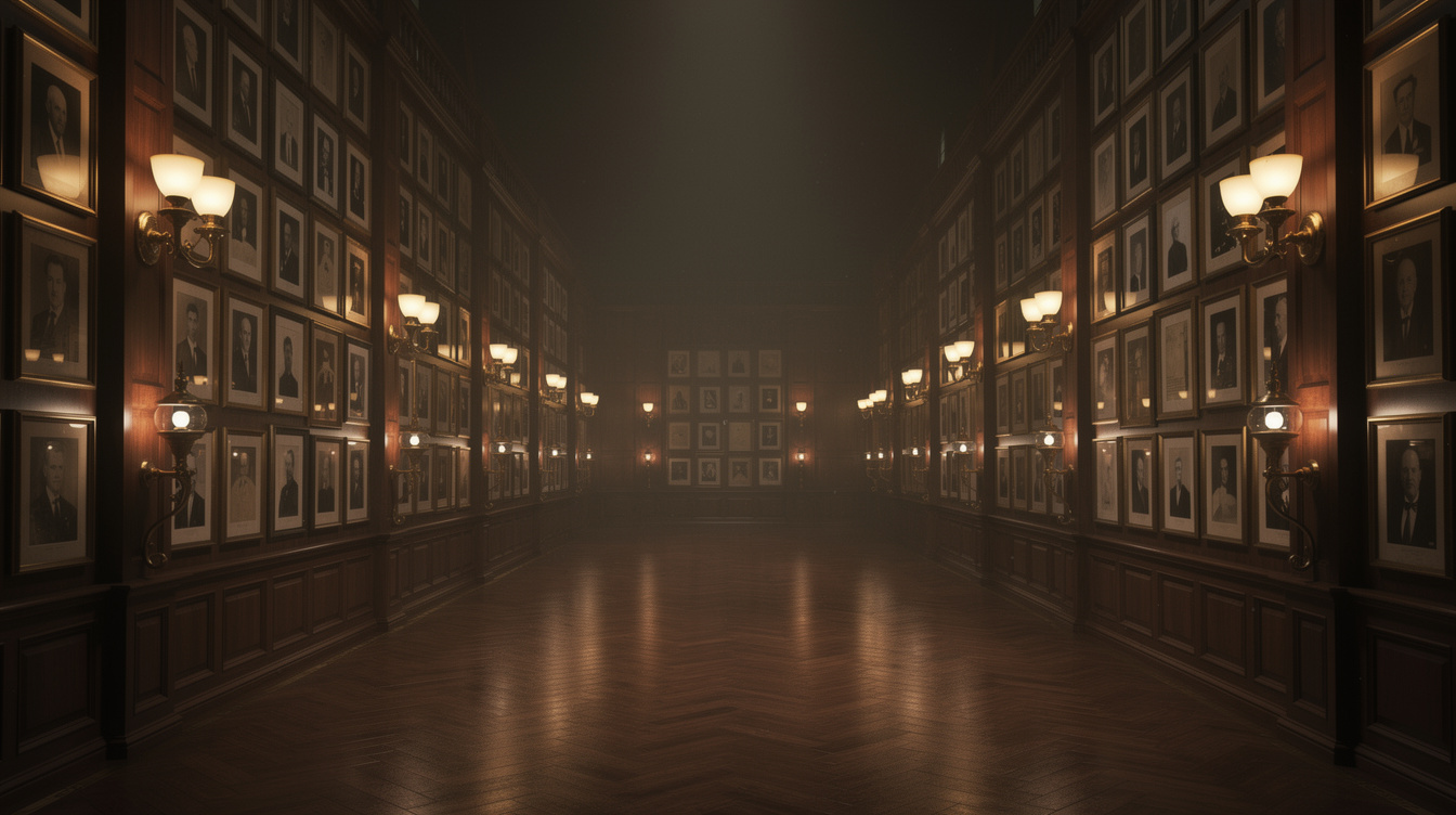 Grand archive hall with rows of vintage framed photographs and warm lighting