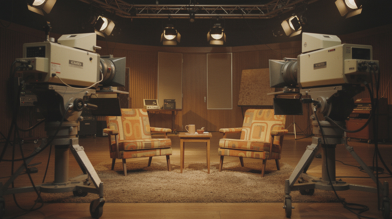 Vintage 1970s television studio set with retro broadcasting equipment