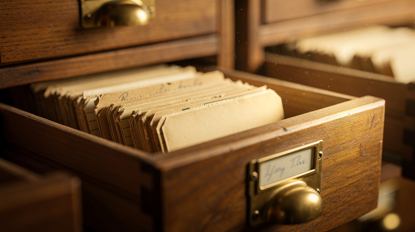 Open wooden card catalog drawers filled with archival index cards